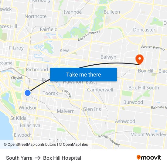 South Yarra to Box Hill Hospital map