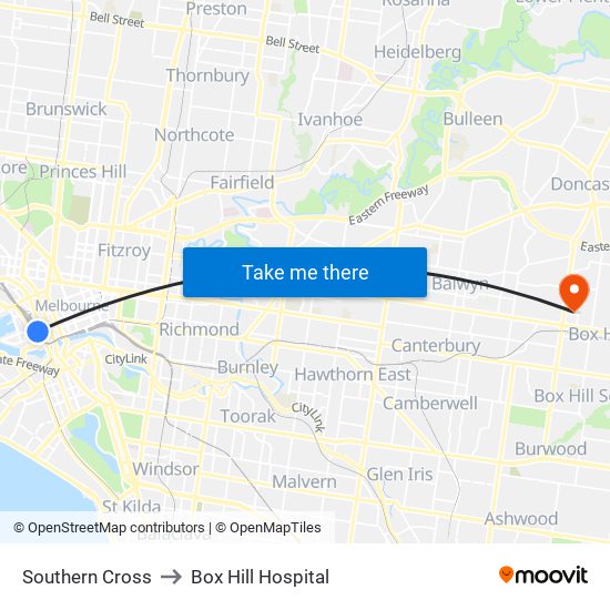 Southern Cross to Box Hill Hospital map