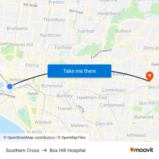 Southern Cross to Box Hill Hospital map