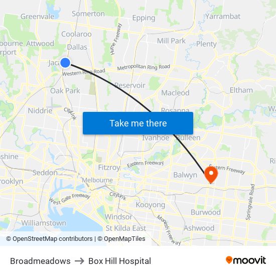 Broadmeadows to Box Hill Hospital map