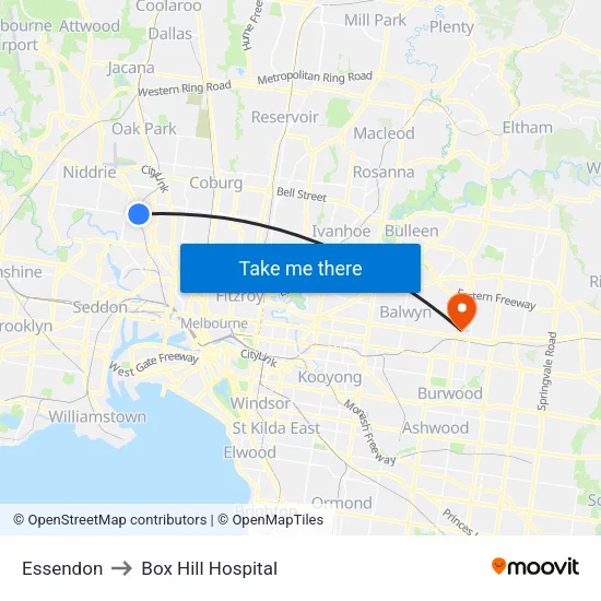 Essendon to Box Hill Hospital map