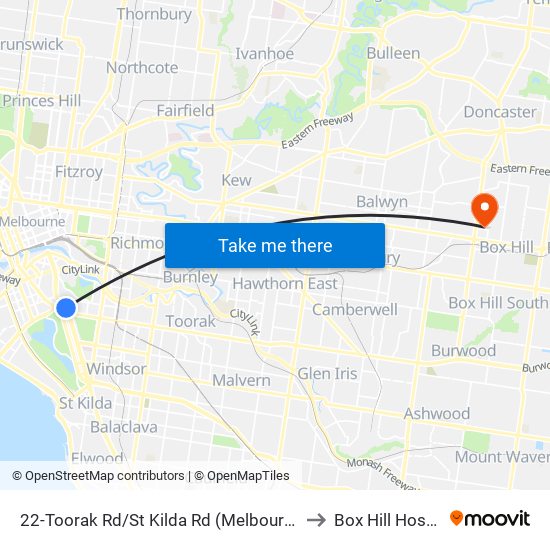 22-Toorak Rd/St Kilda Rd (Melbourne City) to Box Hill Hospital map