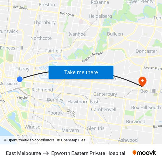 East Melbourne to Epworth Eastern Private Hospital map