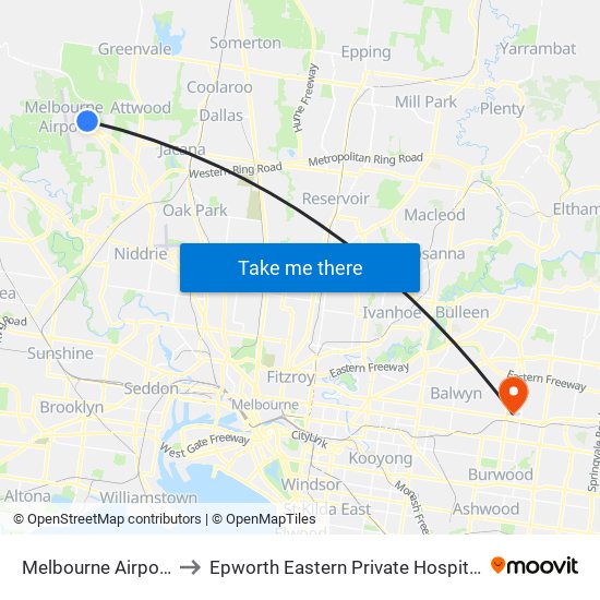 Melbourne Airport to Epworth Eastern Private Hospital map