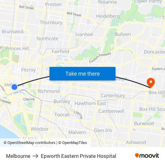 Melbourne to Epworth Eastern Private Hospital map