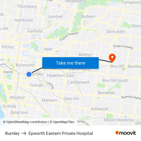 Burnley to Epworth Eastern Private Hospital map