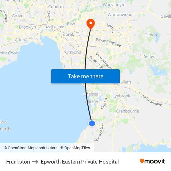 Frankston to Epworth Eastern Private Hospital map