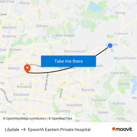 Lilydale to Epworth Eastern Private Hospital map