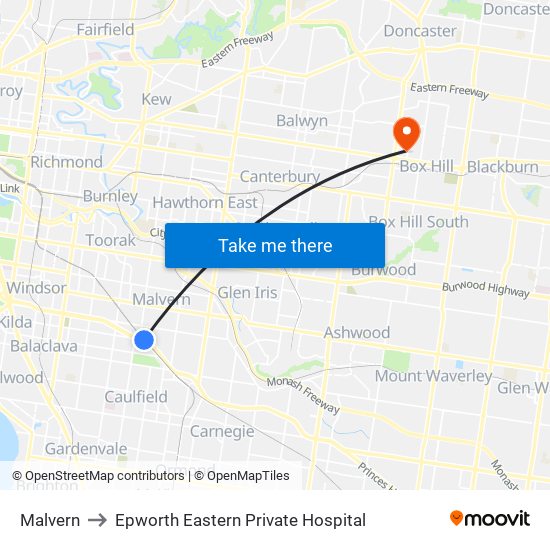 Malvern to Epworth Eastern Private Hospital map