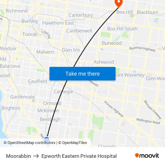 Moorabbin to Epworth Eastern Private Hospital map