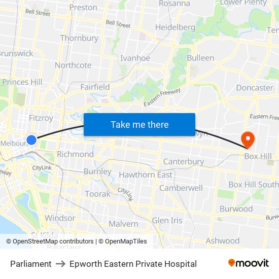 Parliament to Epworth Eastern Private Hospital map