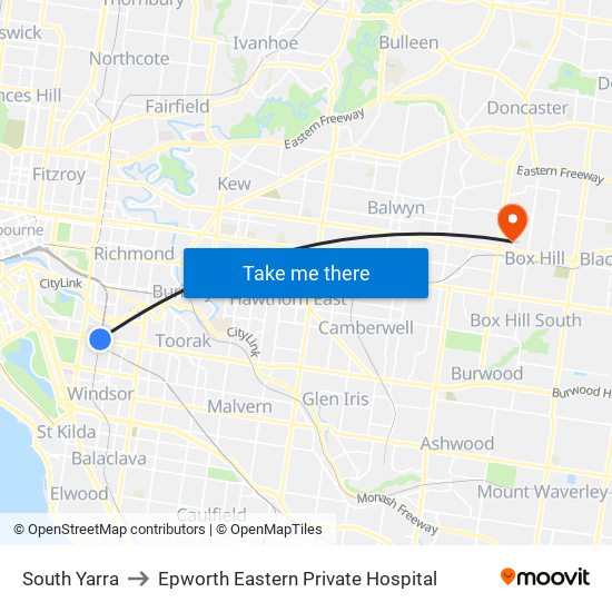South Yarra to Epworth Eastern Private Hospital map