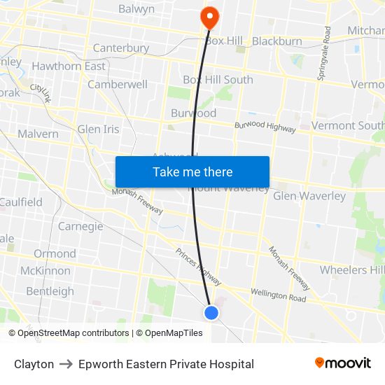 Clayton to Epworth Eastern Private Hospital map