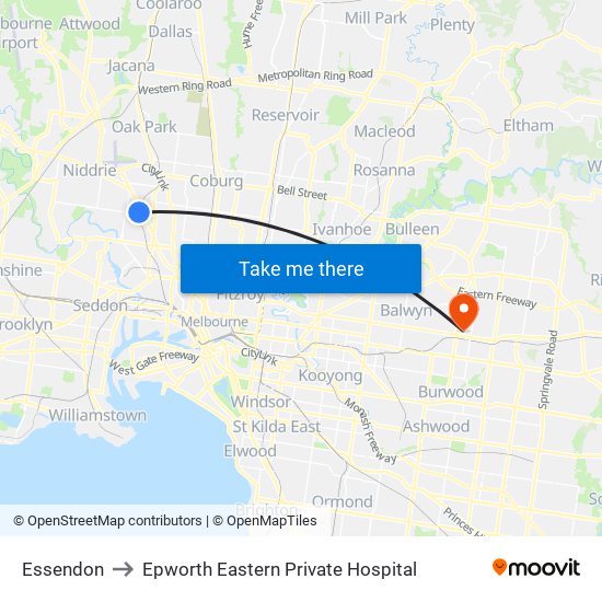 Essendon to Epworth Eastern Private Hospital map