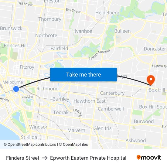 Flinders Street to Epworth Eastern Private Hospital map