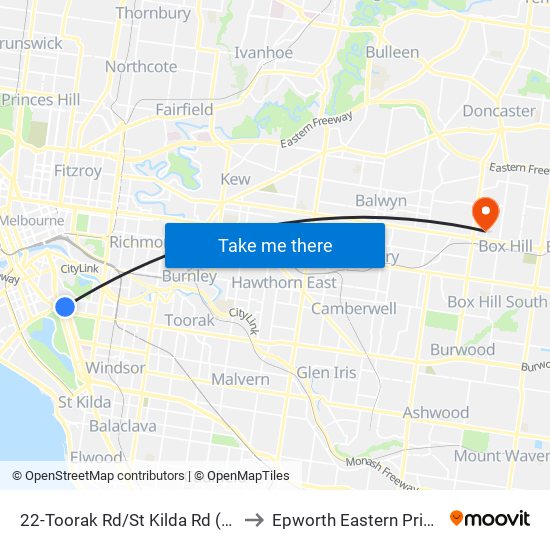 22-Toorak Rd/St Kilda Rd (Melbourne City) to Epworth Eastern Private Hospital map