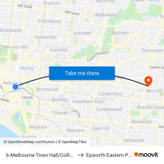 6-Melbourne Town Hall/Collins St (Melbourne City) to Epworth Eastern Private Hospital map