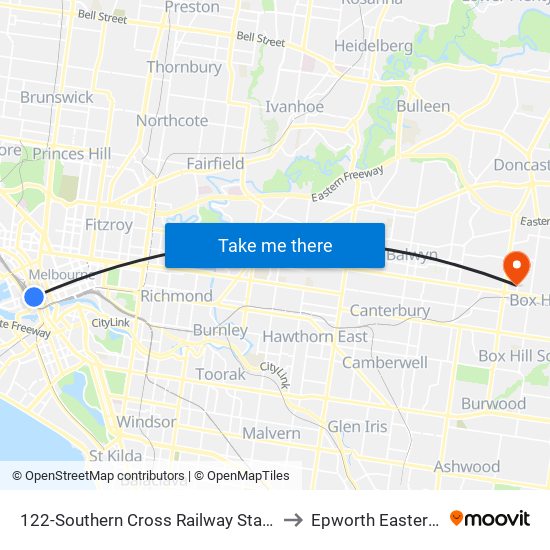 122-Southern Cross Railway Station/Spencer St (Melbourne City) to Epworth Eastern Private Hospital map