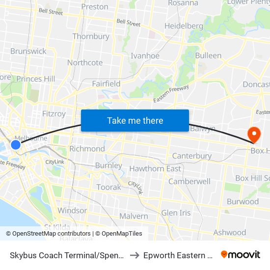 Skybus Coach Terminal/Spencer St (Melbourne City) to Epworth Eastern Private Hospital map