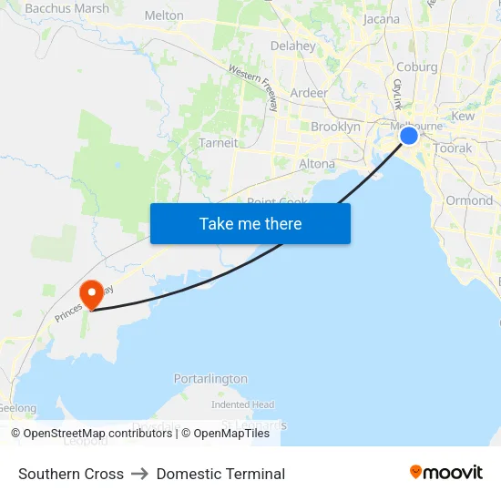Southern Cross to Domestic Terminal map