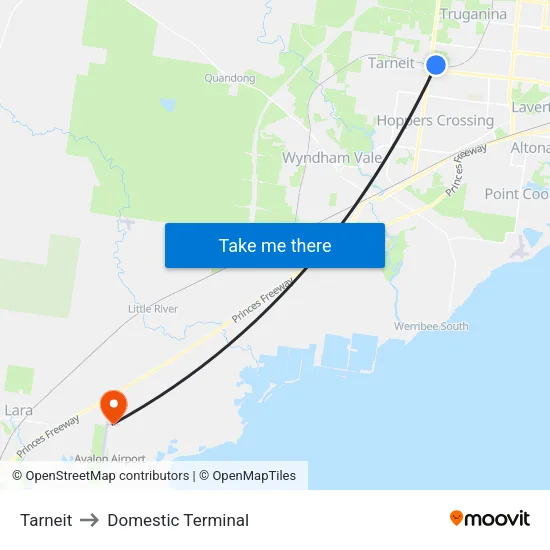 Tarneit to Domestic Terminal map