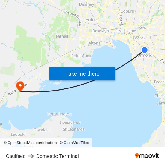 Caulfield to Domestic Terminal map