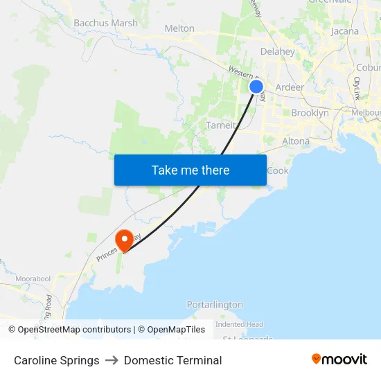 Caroline Springs to Domestic Terminal map