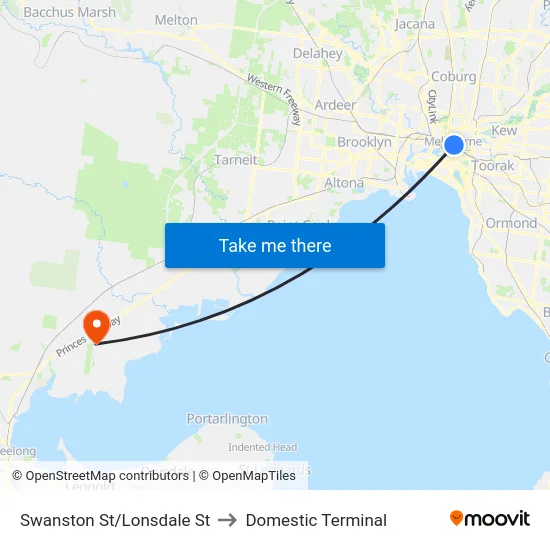 Swanston St/Lonsdale St to Domestic Terminal map