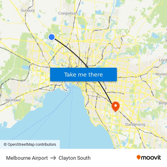 Melbourne Airport to Clayton South map