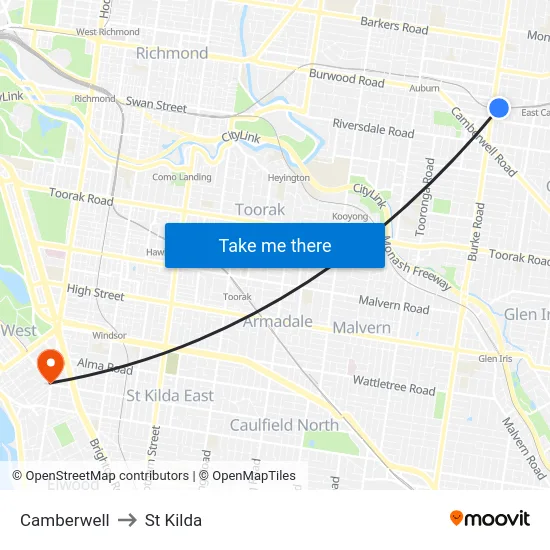 Camberwell to St Kilda map