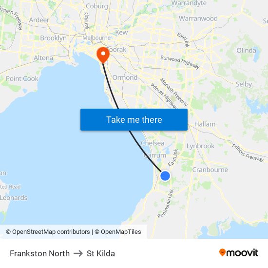 Frankston North to St Kilda map