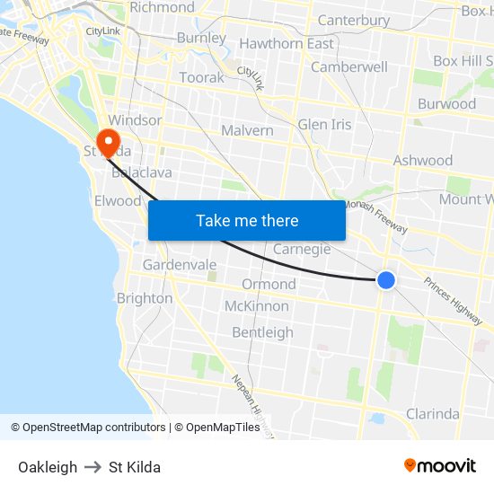 Oakleigh to St Kilda map