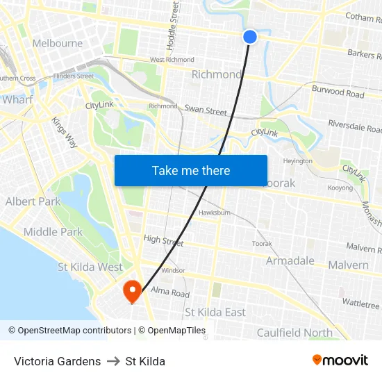Victoria Gardens to St Kilda map
