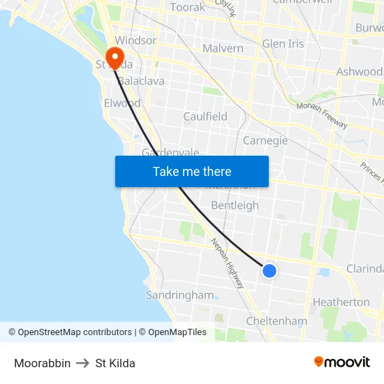 Moorabbin to St Kilda map