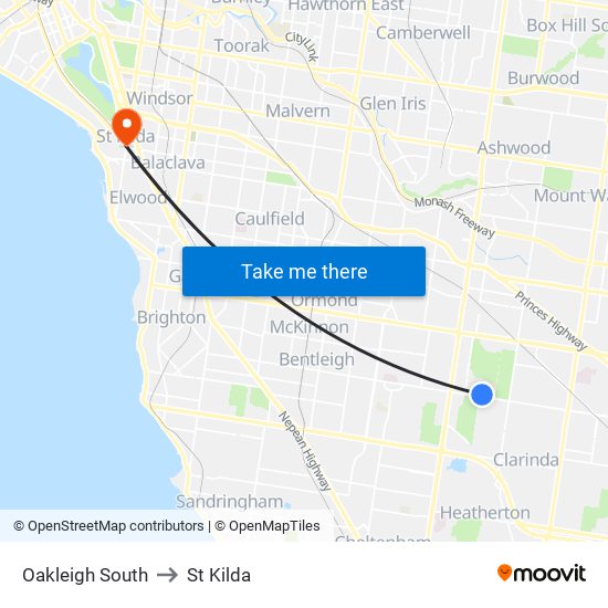 Oakleigh South to St Kilda map