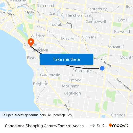 Chadstone Shopping Centre/Eastern Access Rd to St Kilda map