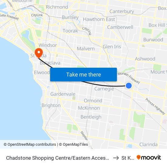 Chadstone Shopping Centre/Eastern Access Rd (Malvern East) to St Kilda map