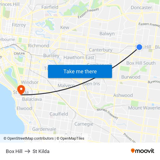 Box Hill to St Kilda map