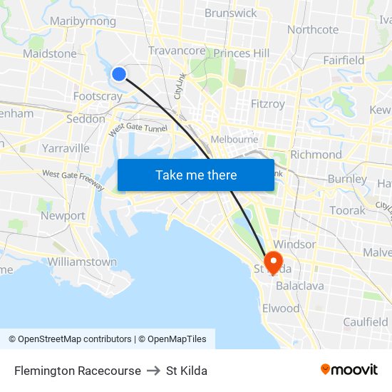 Flemington Racecourse to St Kilda map