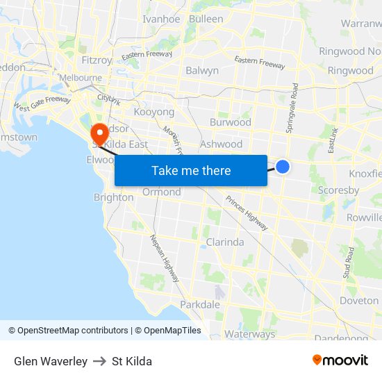 Glen Waverley to St Kilda map