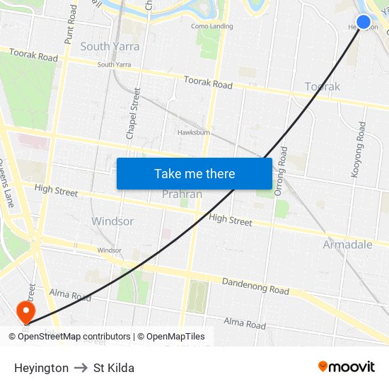 Heyington to St Kilda map