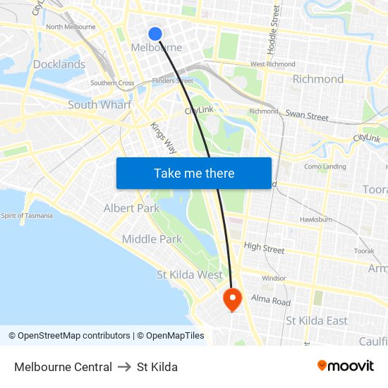 Melbourne Central to St Kilda map