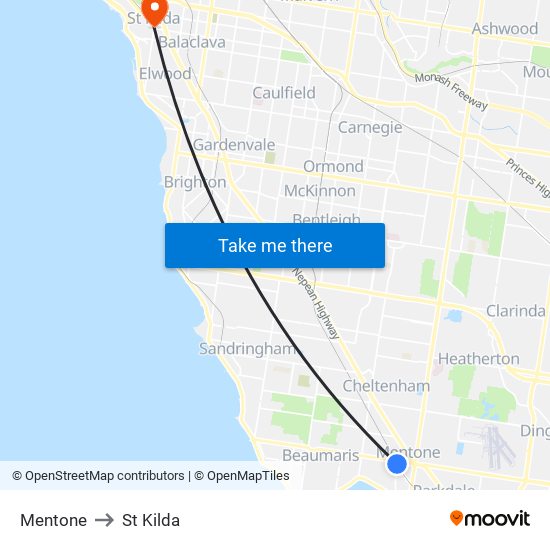 Mentone to St Kilda map