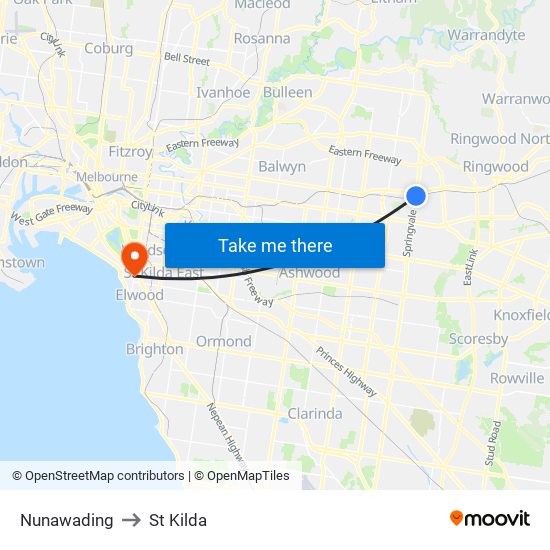 Nunawading to St Kilda map