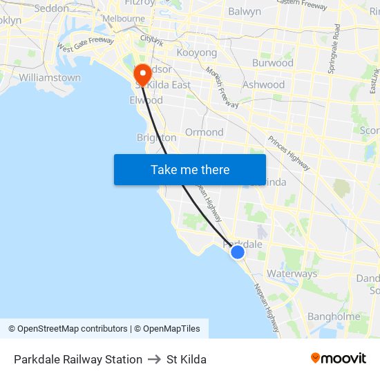 Parkdale Railway Station to St Kilda map