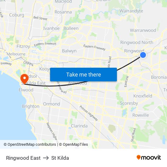 Ringwood East to St Kilda map