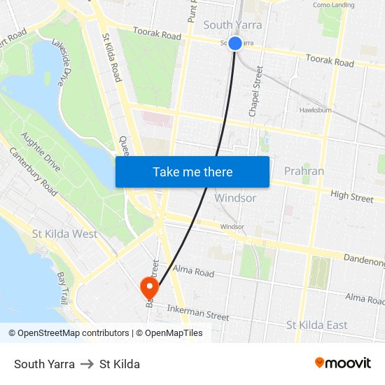 South Yarra to St Kilda map