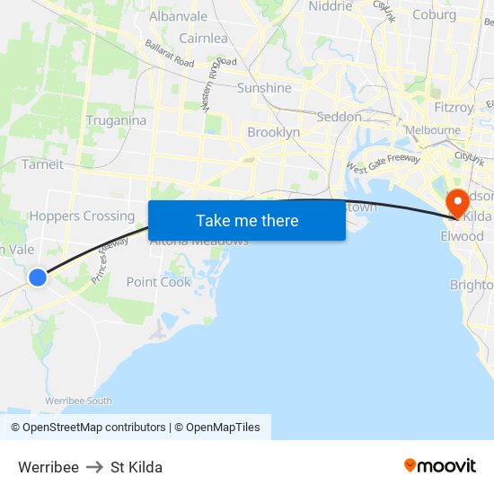 Werribee to St Kilda map