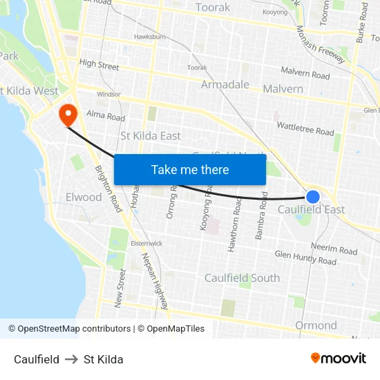 Caulfield to St Kilda map