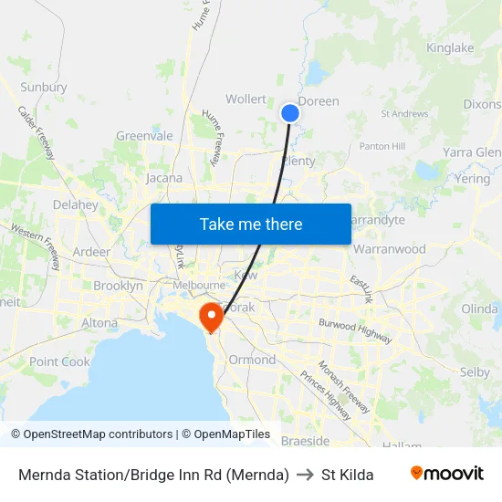 Mernda Station/Bridge Inn Rd to St Kilda map